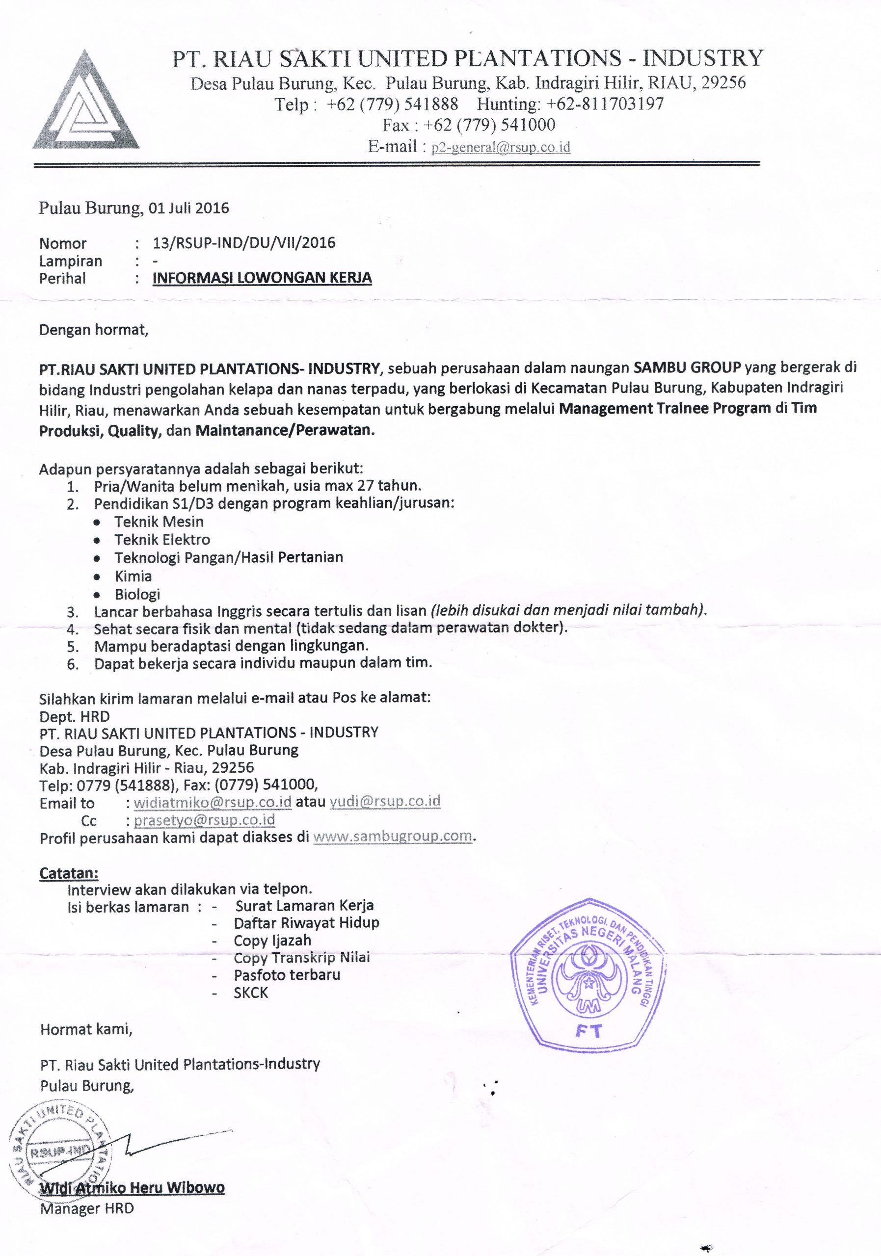 LOWONGAN KERJA PT. RIAU SAKTI UNITED PLANTATIONS – INDUSTRY