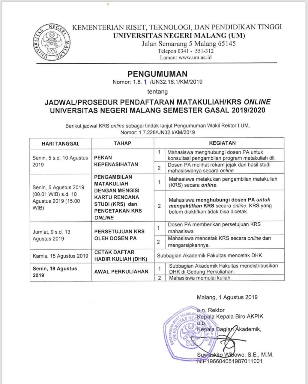 Prosedur Pendaftaran Matakuliah / KRS Online dan Sajian Matakuliah Semester Gasal 2019/2020
