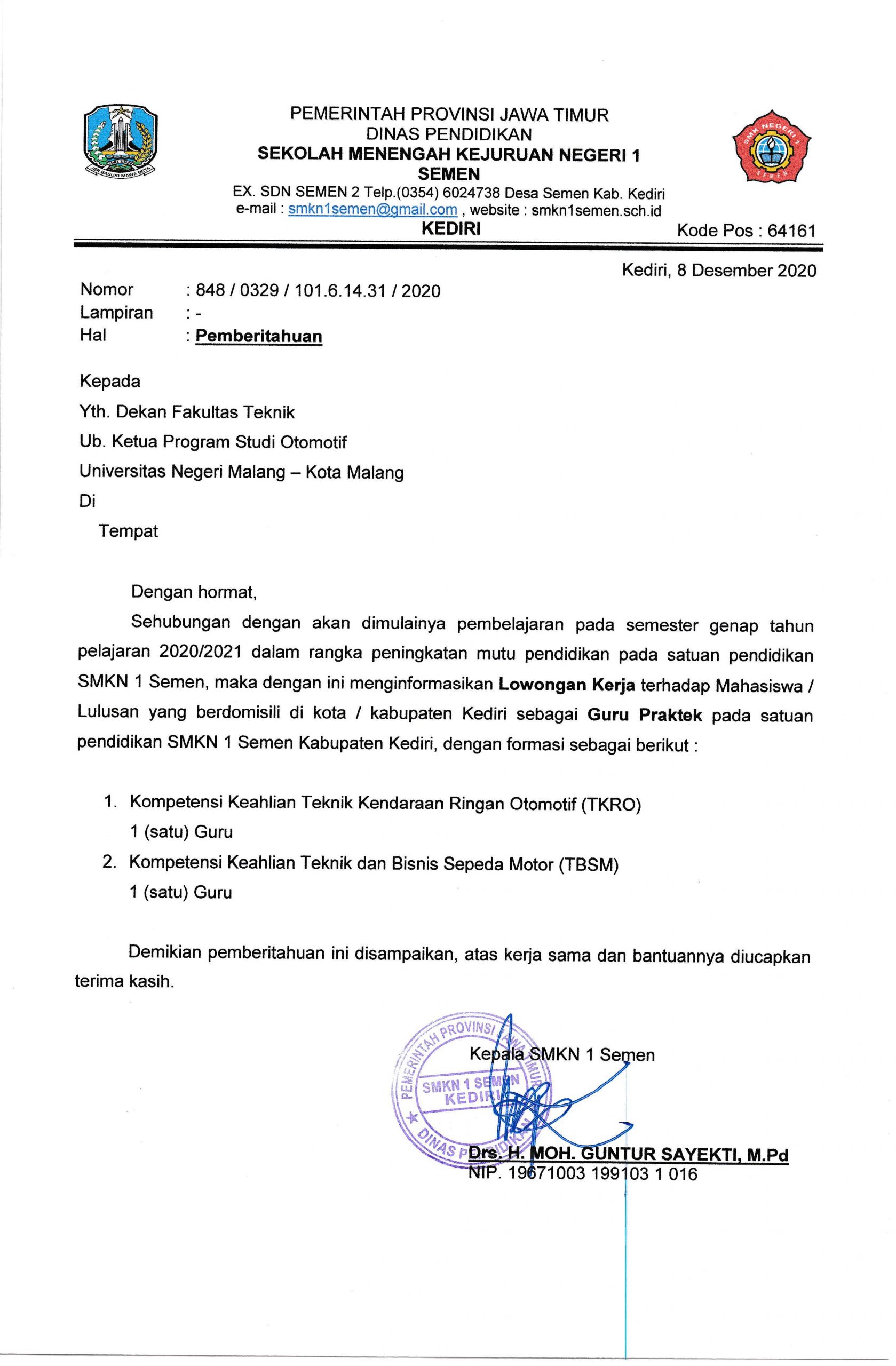 Lowongan Pekerjaan SMK Negeri 1 Semen, Kediri