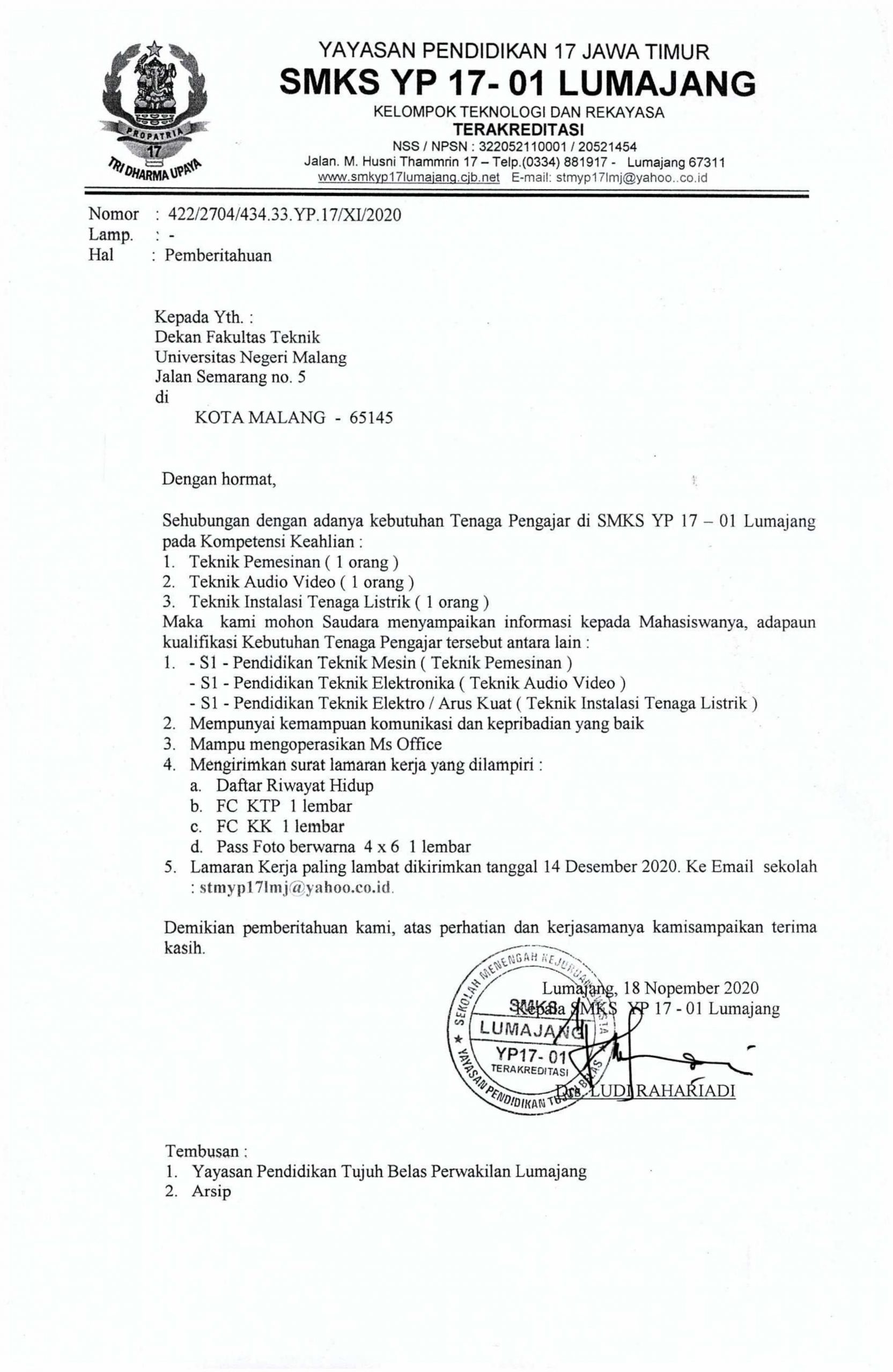 Lowongan Pekerjaan SMKS YP 17 – 01 Lumajang